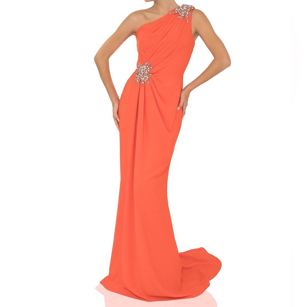 Terani Couture One Shoulder Orange Evening Gown Beaded Formal Dress Gala Prom
